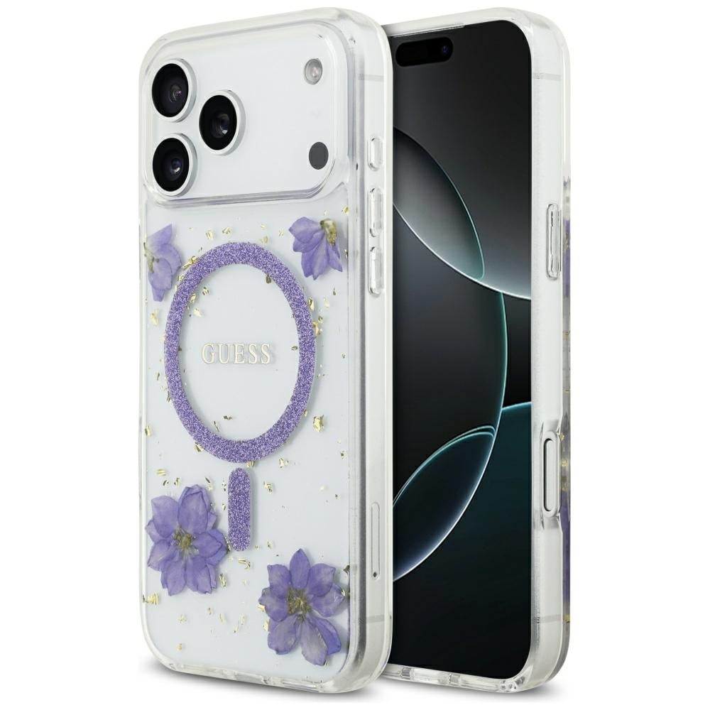 MagSafe cover til Apple iPhone 17 Pro Max, Guess, Resin Flowers and Glitter, Lilla