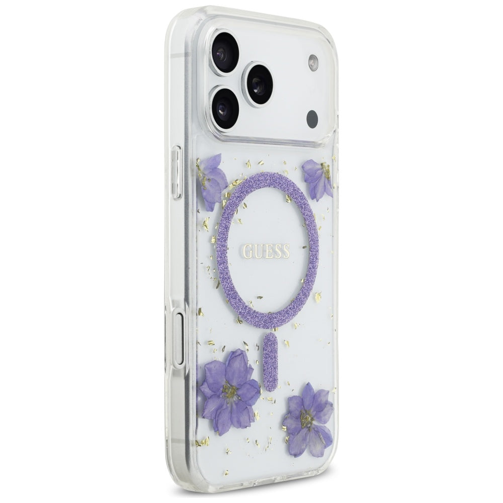 MagSafe cover til Apple iPhone 17 Pro Max, Guess, Resin Flowers and Glitter, Lilla