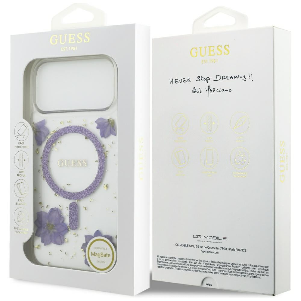 MagSafe cover til Apple iPhone 17 Pro Max, Guess, Resin Flowers and Glitter, Lilla