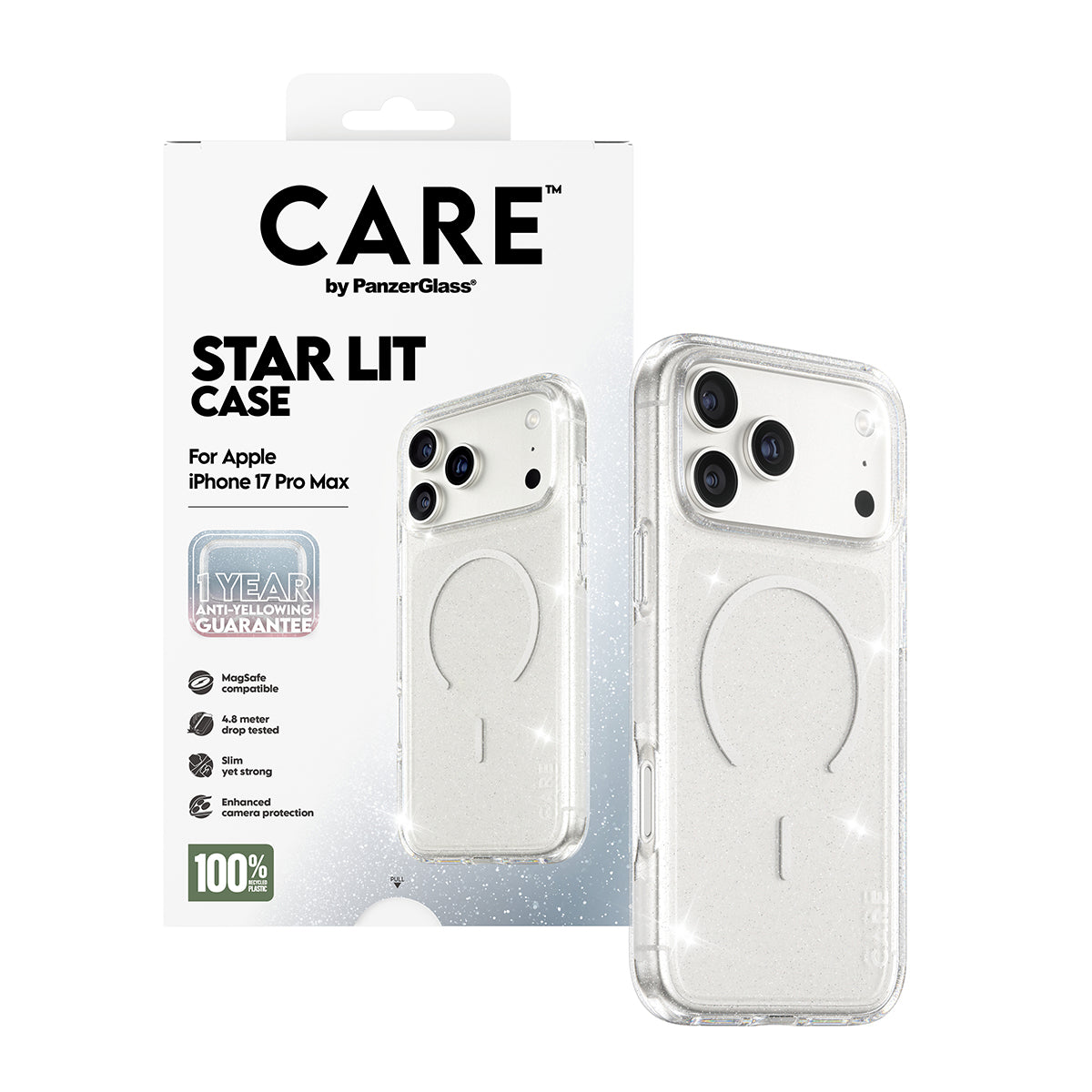 MagSafe cover til Apple iPhone 17 Pro Max, PanzerGlass, Care Urban Explorer Star Lit, Transparent Hvid