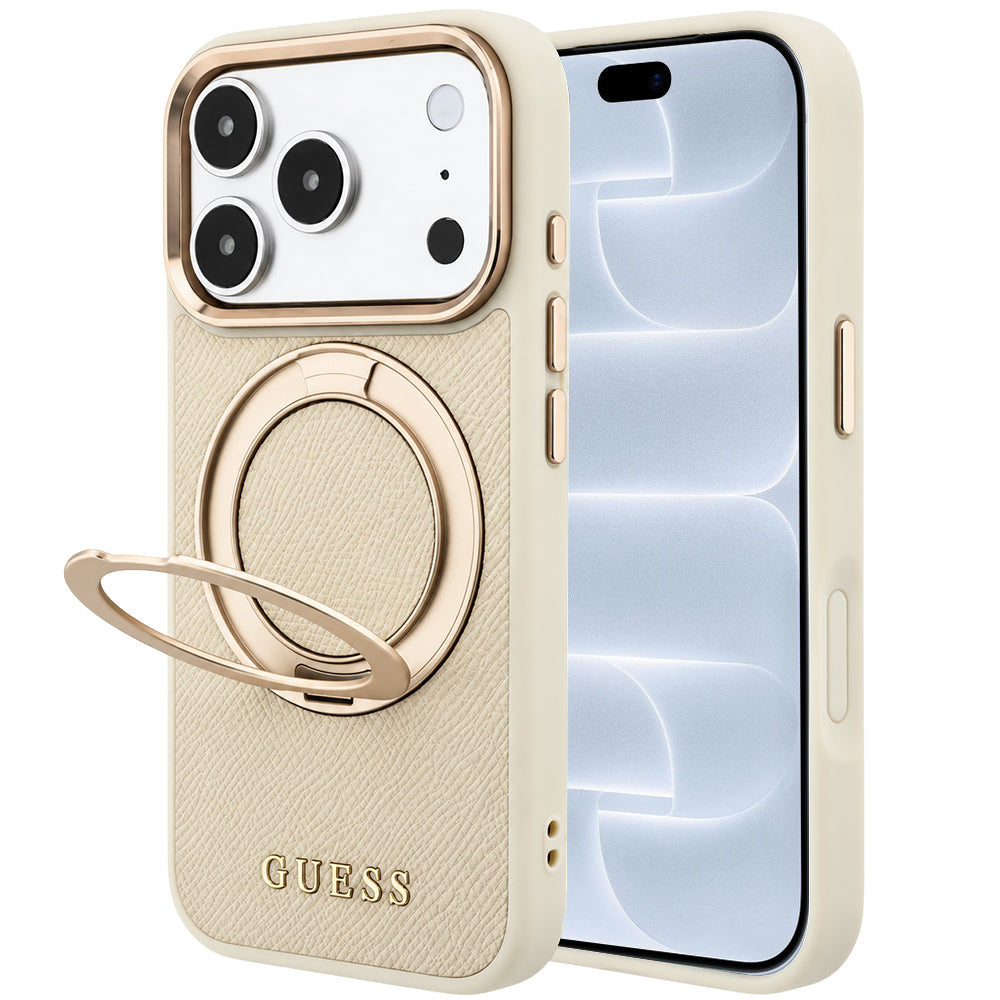 MagSafe-cover til Apple iPhone 18 Pro / 17 Pro, Guess, Grained Ring Stand 360 Classic, beige