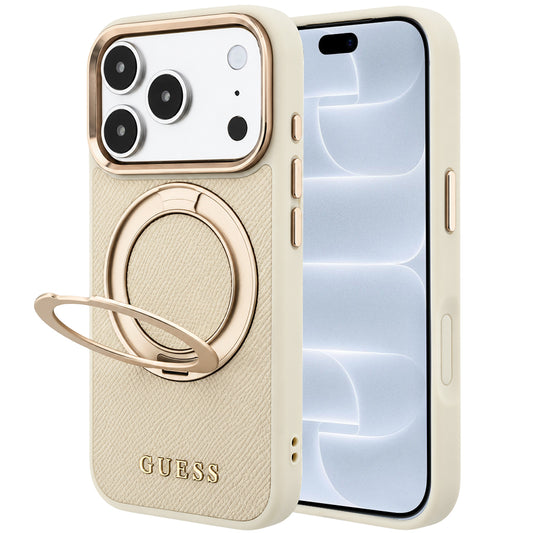 MagSafe-cover til Apple iPhone 18 Pro / 17 Pro, Guess, Grained Ring Stand 360 Classic, beige