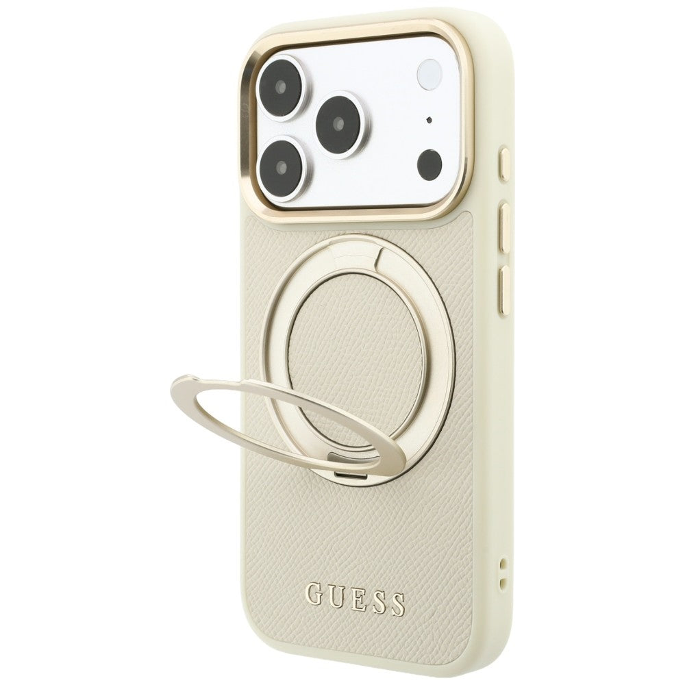 MagSafe-cover til Apple iPhone 18 Pro / 17 Pro, Guess, Grained Ring Stand 360 Classic, beige