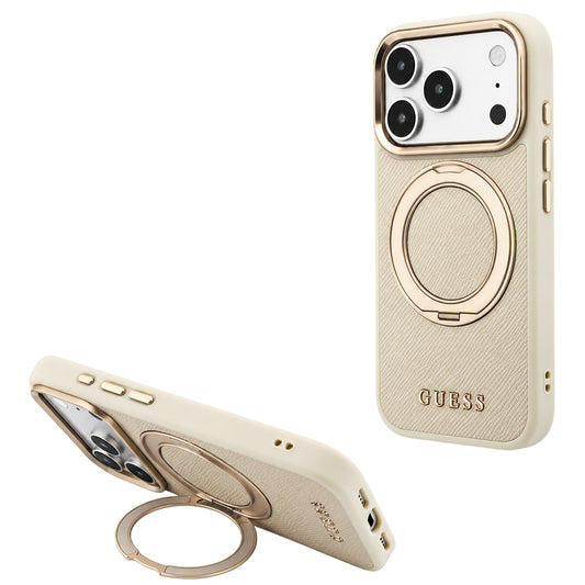 MagSafe-cover til Apple iPhone 18 Pro / 17 Pro, Guess, Grained Ring Stand 360 Classic, beige