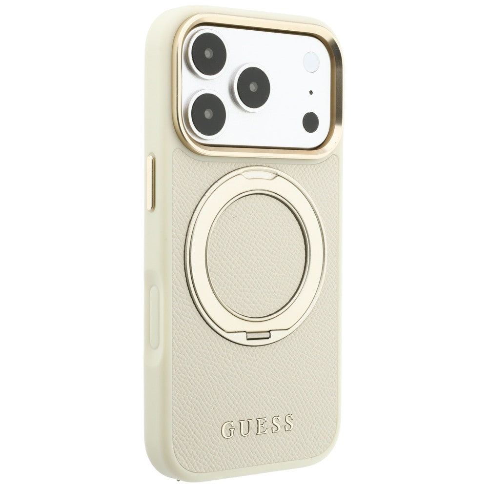 MagSafe-cover til Apple iPhone 18 Pro / 17 Pro, Guess, Grained Ring Stand 360 Classic, beige