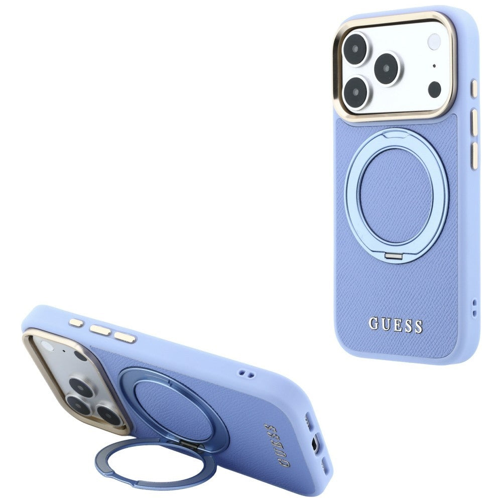 MagSafe-cover til Apple iPhone 18 Pro / 17 Pro, Guess, Grained Ring Stand 360 Classic, blå