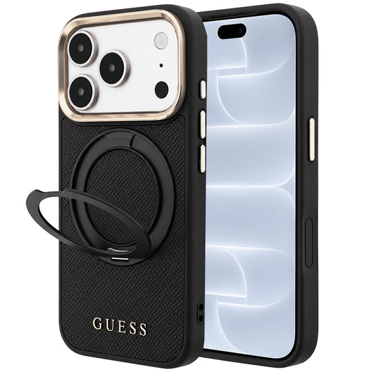 MagSafe-cover til Apple iPhone 18 Pro / 17 Pro, Guess, Grained Ring Stand 360 Classic, sort