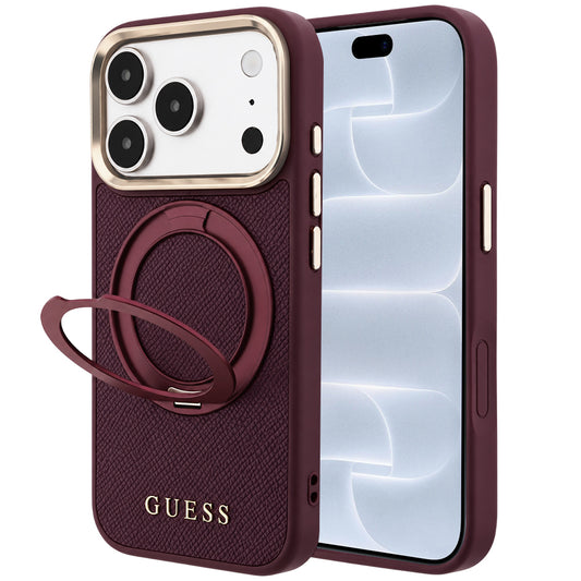 MagSafe-cover til Apple iPhone 18 Pro / 17 Pro, Guess, Grained Ring Stand 360 Classic, bordeauxrød