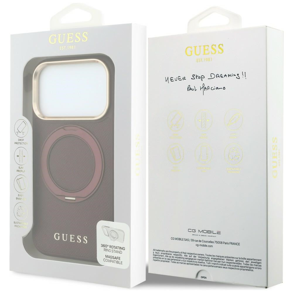 MagSafe Case for Apple iPhone 18 Pro / 17 Pro, Guess Grained Ring Stand 360 Classic, Burgundy