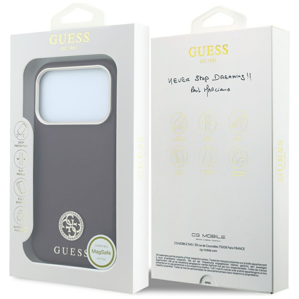 MagSafe-etui til Apple iPhone 18 Pro / 17 Pro, Guess, kornet rundt strass-logo, vinrød