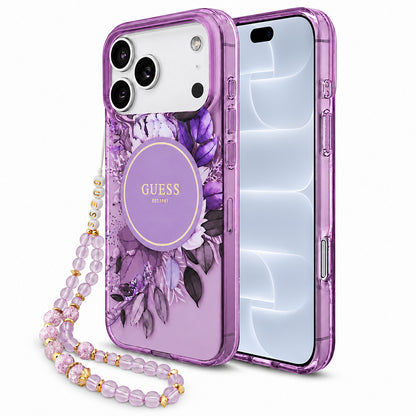 MagSafe-cover til Apple iPhone 18 Pro / 17 Pro, Guess, IML Flowers with Pearl Strap, lilla