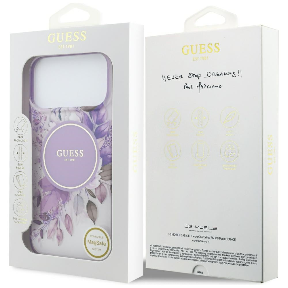 MagSafe-cover til Apple iPhone 18 Pro / 17 Pro, Guess, IML Flowers with Pearl Strap, lilla