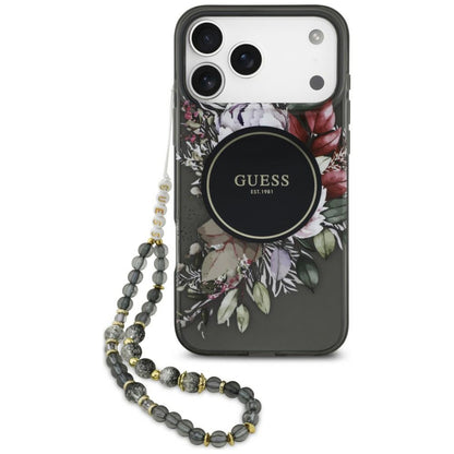 MagSafe Case for Apple iPhone 18 Pro / 17 Pro, Guess, IML Flowers with Pearl Strap, Black