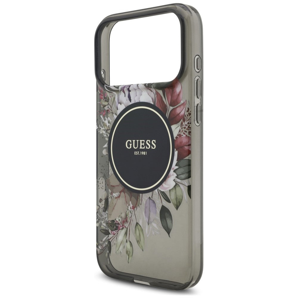 MagSafe Case for Apple iPhone 18 Pro / 17 Pro, Guess, IML Flowers with Pearl Strap, Black