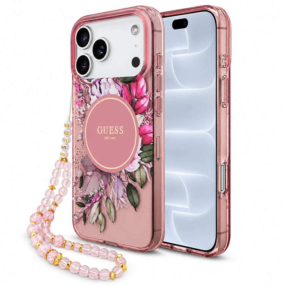 MagSafe-cover til Apple iPhone 18 Pro / 17 Pro, Guess, IML Flowers with Pearl Strap, pink