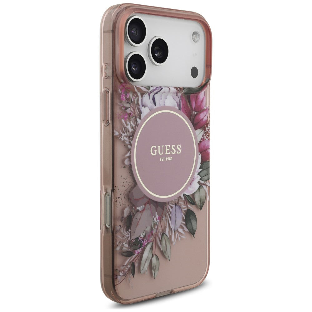 MagSafe-cover til Apple iPhone 18 Pro / 17 Pro, Guess, IML Flowers with Pearl Strap, pink
