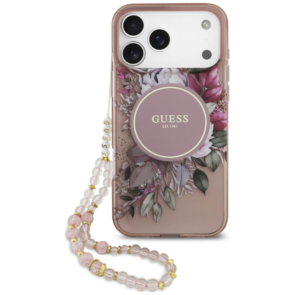 MagSafe-cover til Apple iPhone 18 Pro / 17 Pro, Guess, IML Flowers with Pearl Strap, pink