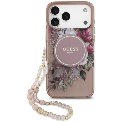 MagSafe-cover til Apple iPhone 18 Pro / 17 Pro, Guess, IML Flowers with Pearl Strap, pink