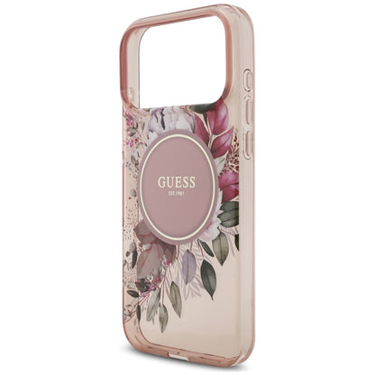 MagSafe-cover til Apple iPhone 18 Pro / 17 Pro, Guess, IML Flowers with Pearl Strap, pink
