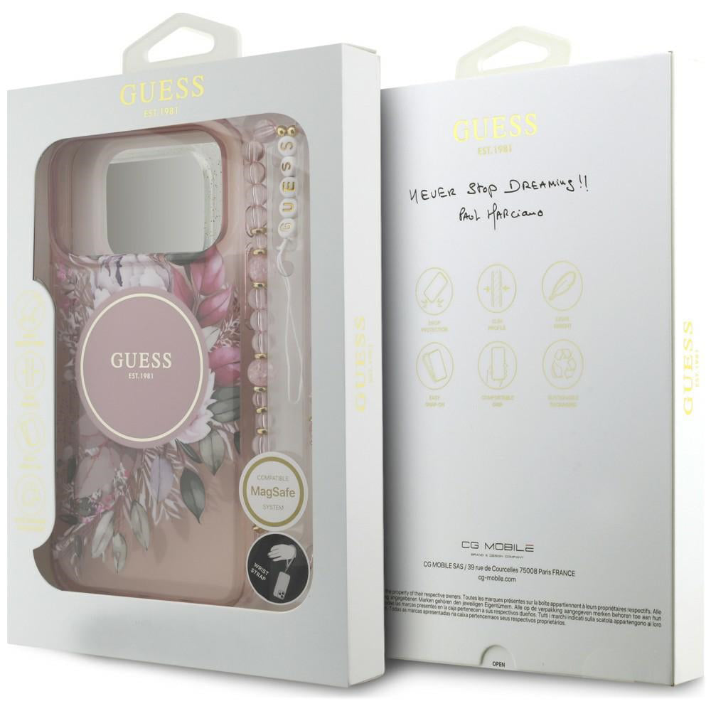 MagSafe-cover til Apple iPhone 18 Pro / 17 Pro, Guess, IML Flowers with Pearl Strap, pink