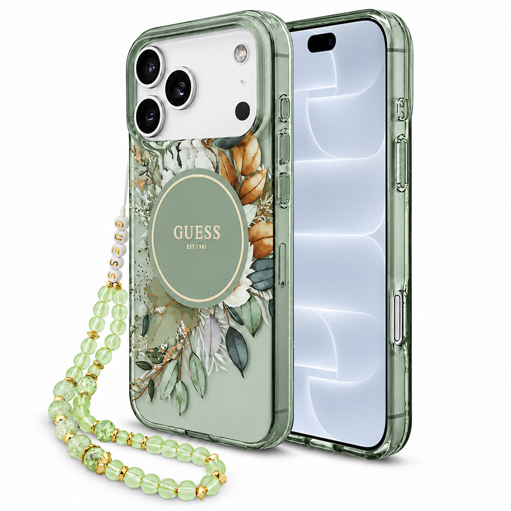 MagSafe-cover til Apple iPhone 18 Pro / 17 Pro, Guess, IML Flowers with Pearl Strap, grøn