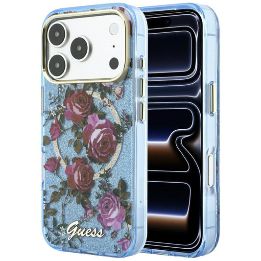 MagSafe-etui til Apple iPhone 18 Pro / 17 Pro, Guess, IML Glitter Blossom Roses, Bleu