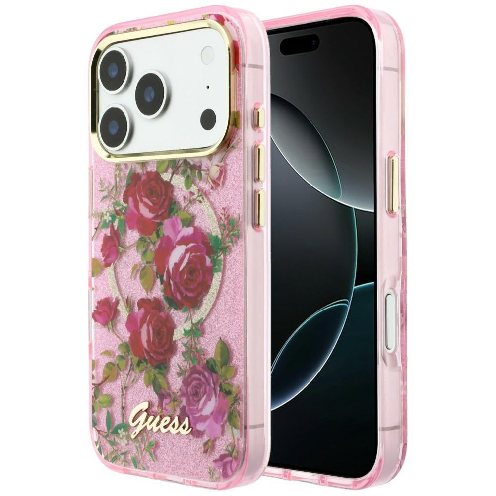 MagSafe-etui til Apple iPhone 18 Pro / 17 Pro, Guess, IML Glitter Blossom Roses, Pink