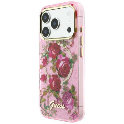 MagSafe-etui til Apple iPhone 18 Pro / 17 Pro, Guess, IML Glitter Blossom Roses, Pink