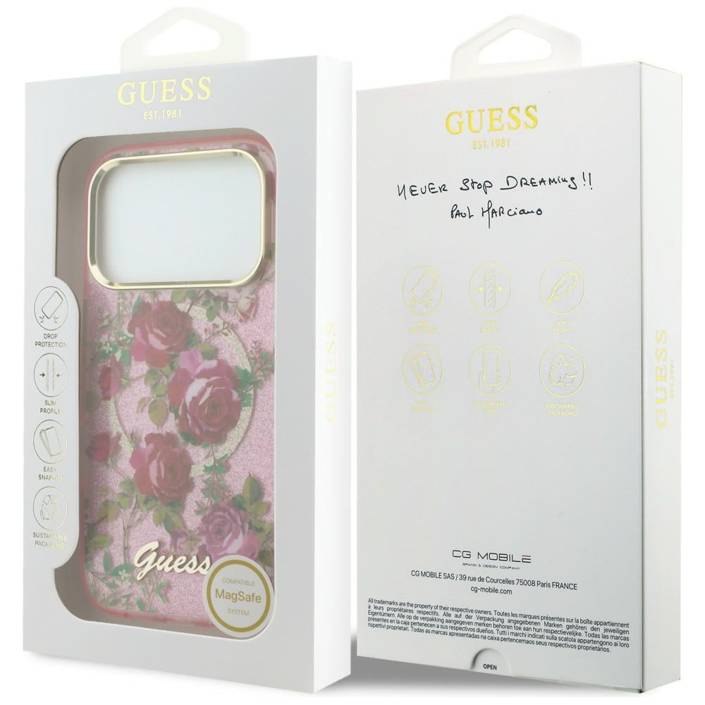 MagSafe-etui til Apple iPhone 18 Pro / 17 Pro, Guess, IML Glitter Blossom Roses, Pink