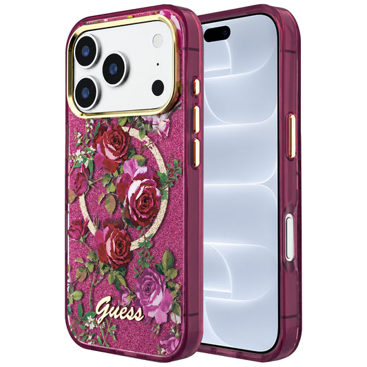 MagSafe-etui til Apple iPhone 18 Pro / 17 Pro, Guess, IML Glitter Blossom Roses, Vinrød