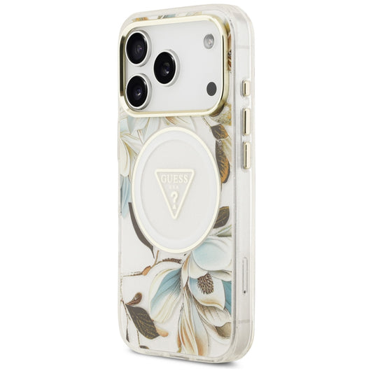 MagSafe-etui til Apple iPhone 18 Pro / 17 Pro, Guess, IML Metal Glitter Flowers Triangle, Hvid