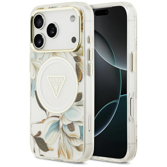 MagSafe-etui til Apple iPhone 18 Pro / 17 Pro, Guess, IML Metal Glitter Flowers Triangle, Hvid