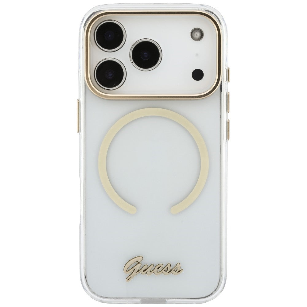 MagSafe-cover til Apple iPhone 18 Pro / 17 Pro, Guess, IML Script Metal, gennemsigtig