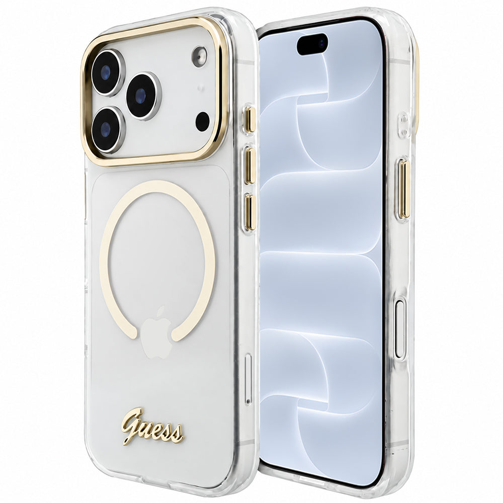 MagSafe-cover til Apple iPhone 18 Pro / 17 Pro, Guess, IML Script Metal, gennemsigtig