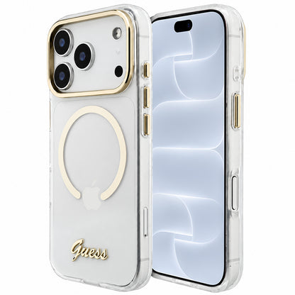 MagSafe-cover til Apple iPhone 18 Pro / 17 Pro, Guess, IML Script Metal, gennemsigtig
