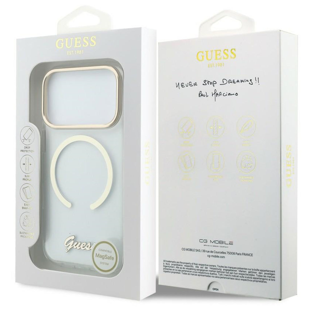 MagSafe-cover til Apple iPhone 18 Pro / 17 Pro, Guess, IML Script Metal, gennemsigtig