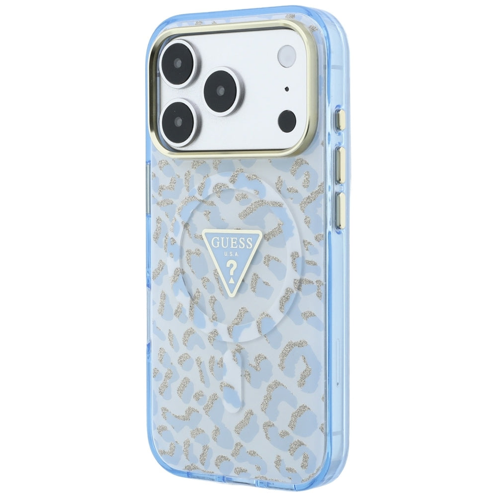 MagSafe-etui til Apple iPhone 18 Pro / 17 Pro, Guess, Leopard Glitter Triangle Logo, Blå