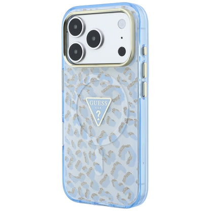 MagSafe-etui til Apple iPhone 18 Pro / 17 Pro, Guess, Leopard Glitter Triangle Logo, Blå