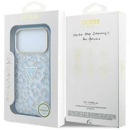 MagSafe-etui til Apple iPhone 18 Pro / 17 Pro, Guess, Leopard Glitter Triangle Logo, Blå