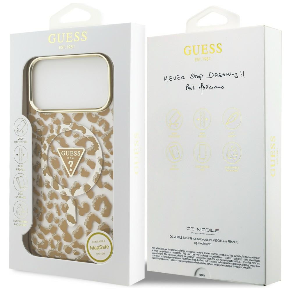 MagSafe-etui til Apple iPhone 18 Pro / 17 Pro, Guess, Leopard Glitter Triangle Logo, Brun