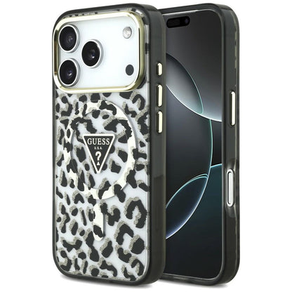 MagSafe-etui til Apple iPhone 18 Pro / 17 Pro, Guess, Leopard Glitter Triangle Logo, Sort