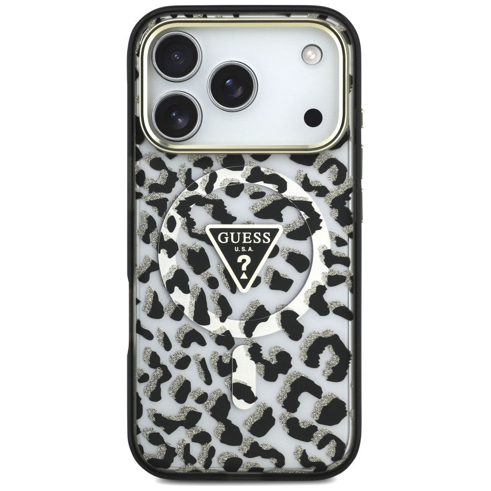 MagSafe-etui til Apple iPhone 18 Pro / 17 Pro, Guess, Leopard Glitter Triangle Logo, Sort