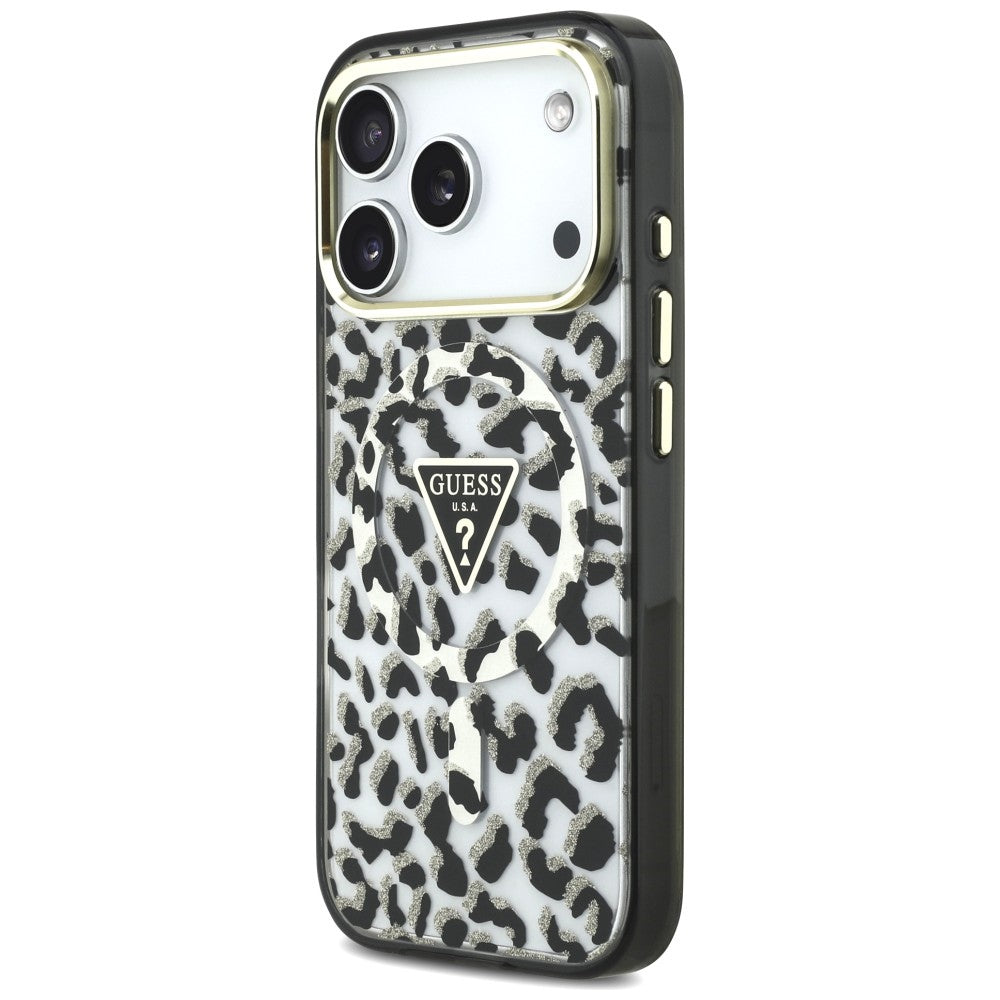 MagSafe-etui til Apple iPhone 18 Pro / 17 Pro, Guess, Leopard Glitter Triangle Logo, Sort
