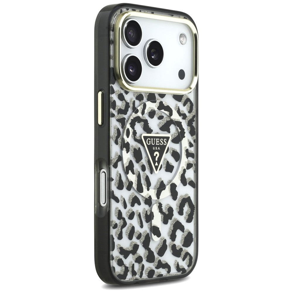 MagSafe-etui til Apple iPhone 18 Pro / 17 Pro, Guess, Leopard Glitter Triangle Logo, Sort