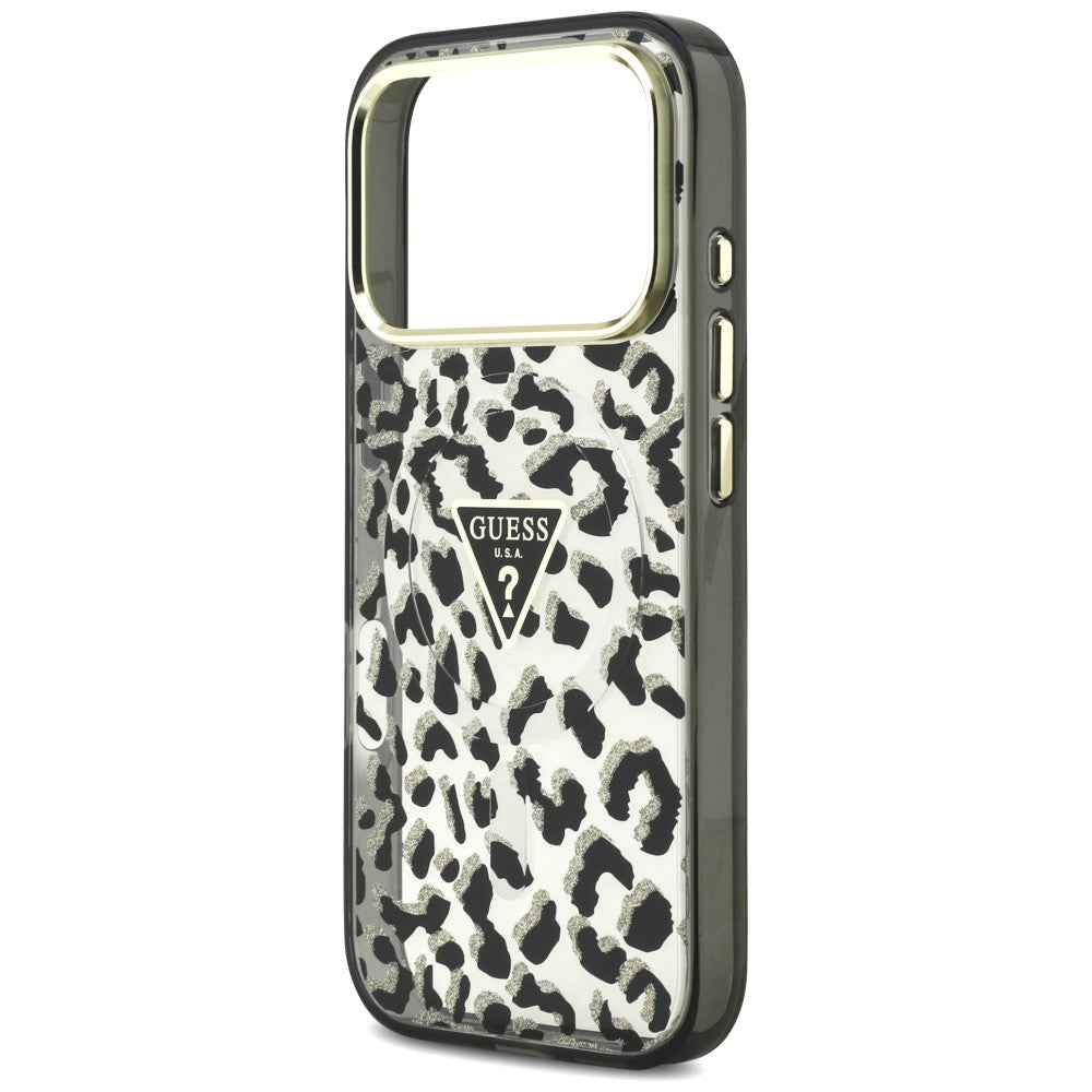MagSafe-etui til Apple iPhone 18 Pro / 17 Pro, Guess, Leopard Glitter Triangle Logo, Sort