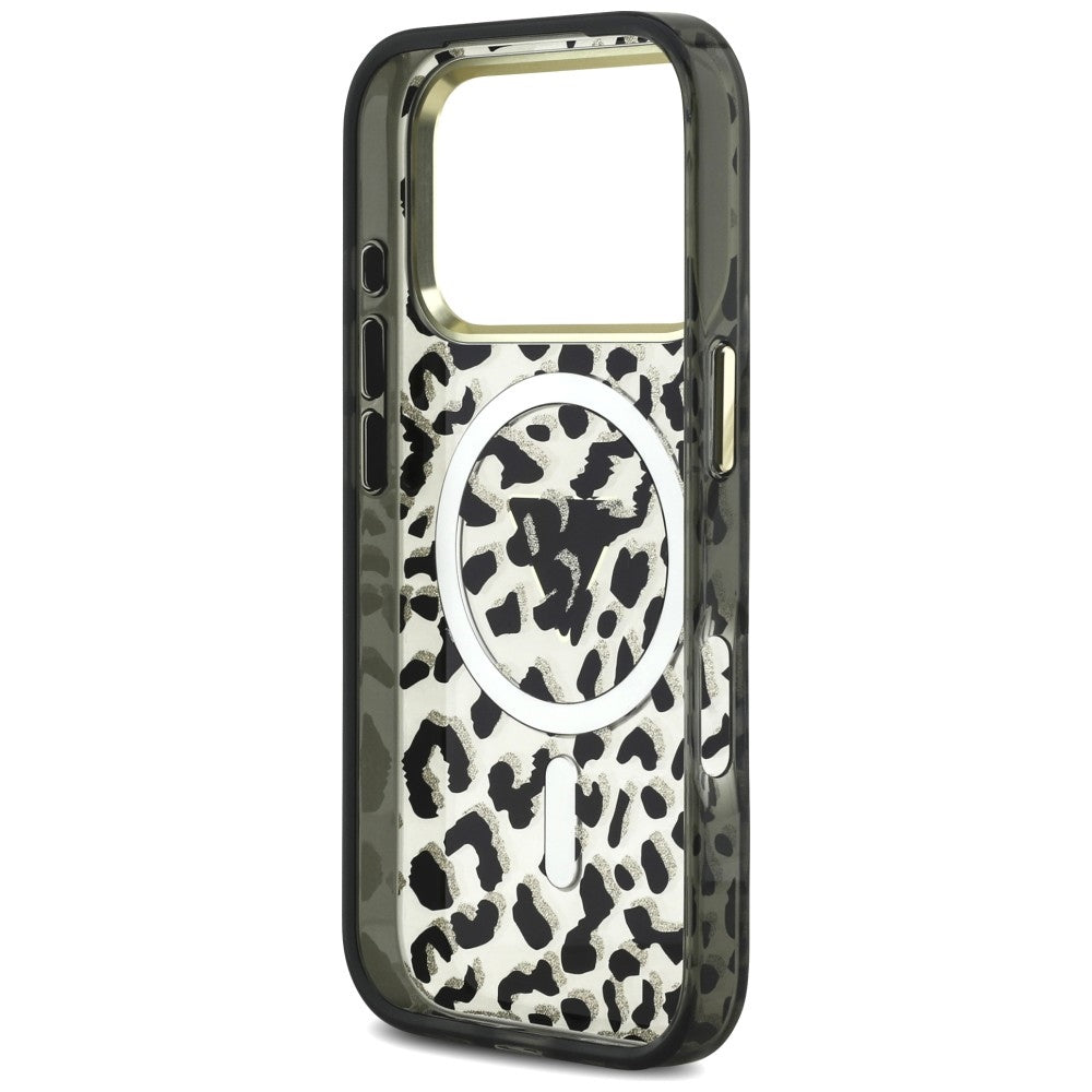 MagSafe-etui til Apple iPhone 18 Pro / 17 Pro, Guess, Leopard Glitter Triangle Logo, Sort