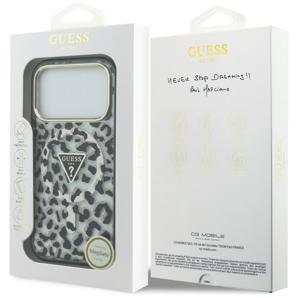 MagSafe-etui til Apple iPhone 18 Pro / 17 Pro, Guess, Leopard Glitter Triangle Logo, Sort