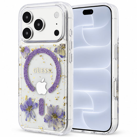 MagSafe-etui til Apple iPhone 18 Pro / 17 Pro, Guess, Resin Flowers and Glitter, Lilla