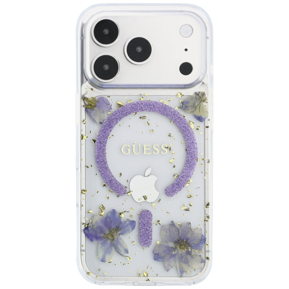 MagSafe Case for Apple iPhone 18 Pro / 17 Pro, Guess, Resin Flowers and Glitter, Purple
