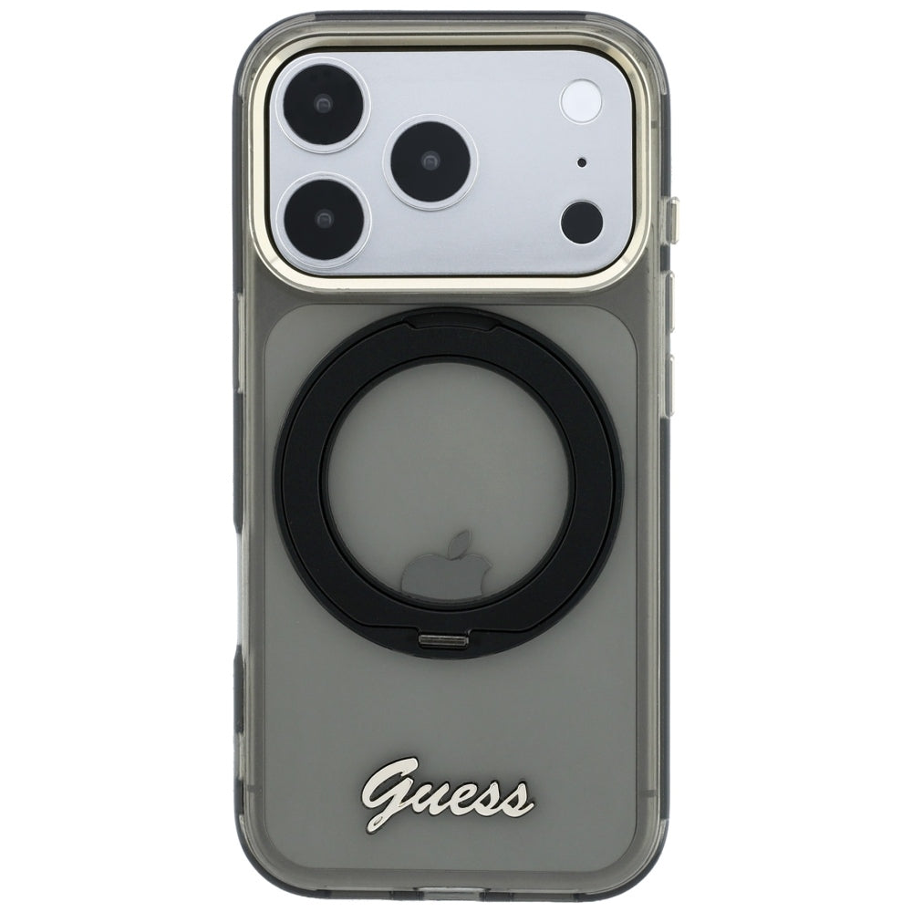 MagSafe-etui til Apple iPhone 18 Pro / 17 Pro, Guess, Ring Stand Script Metal Logo, Sort
